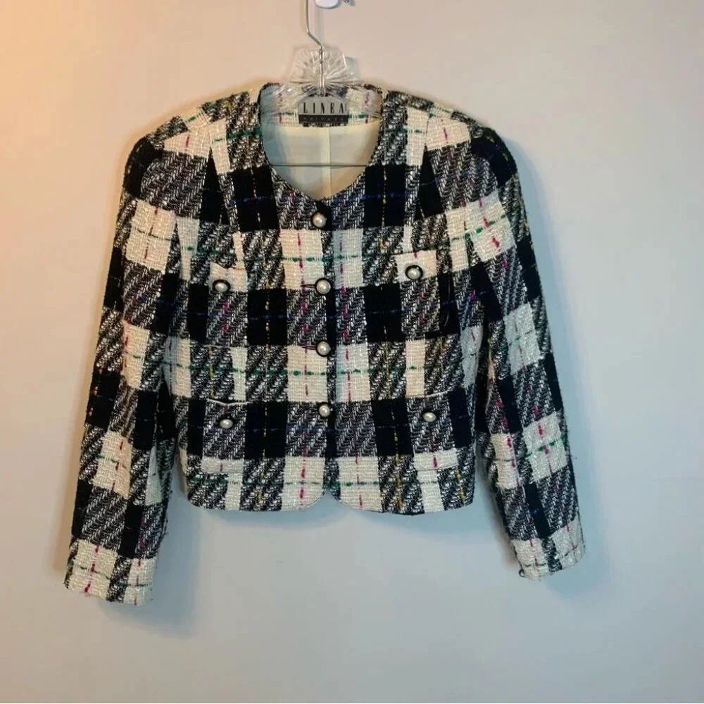Vintage  Linea Tweed Cropped Blazer Black Pink 10
